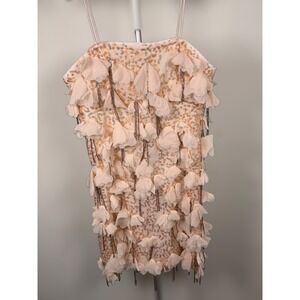 ASOS DESIGN Pink 3D Floral Petal Sequin Mini Dress with Beaded Fringe Size US 4